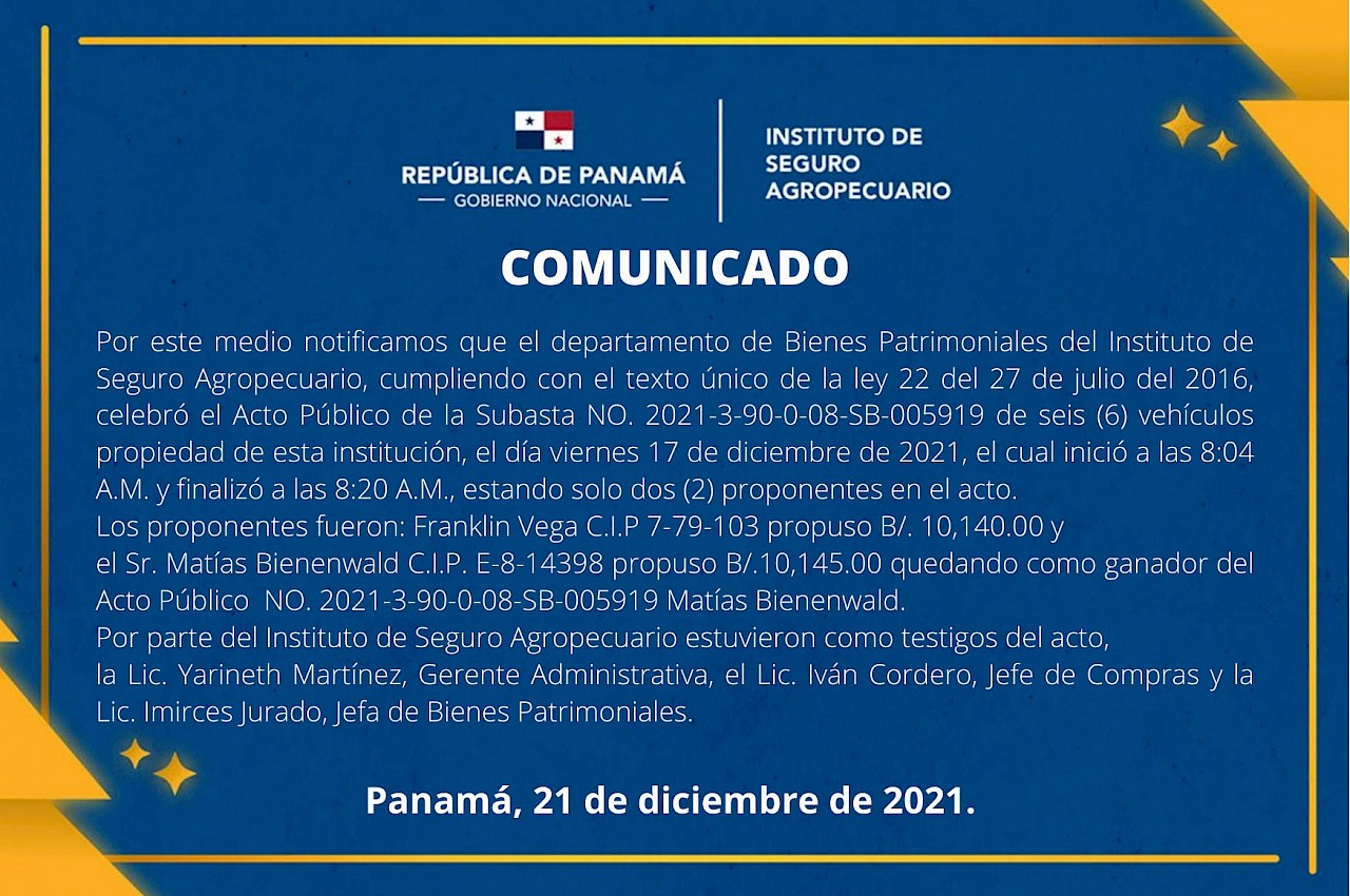 COMUNICADO. PANAMÁ, 21 DE DICIEMBRE DE 2021.